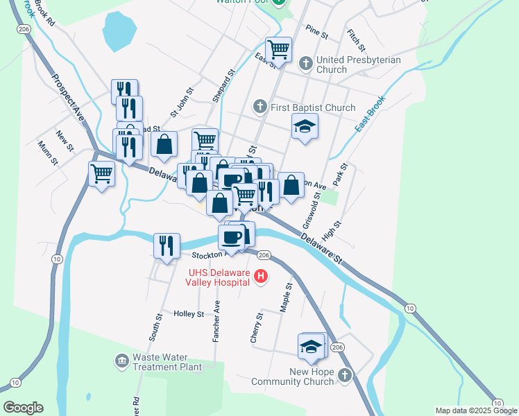 map of restaurants, bars, coffee shops, grocery stores, and more near 112 Delaware Street in Walton
