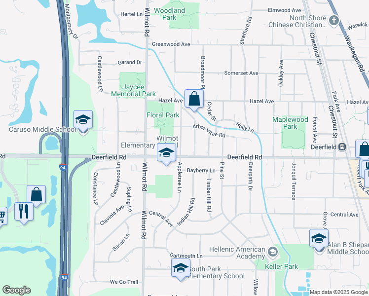 map of restaurants, bars, coffee shops, grocery stores, and more near 817 Appletree Lane in Deerfield