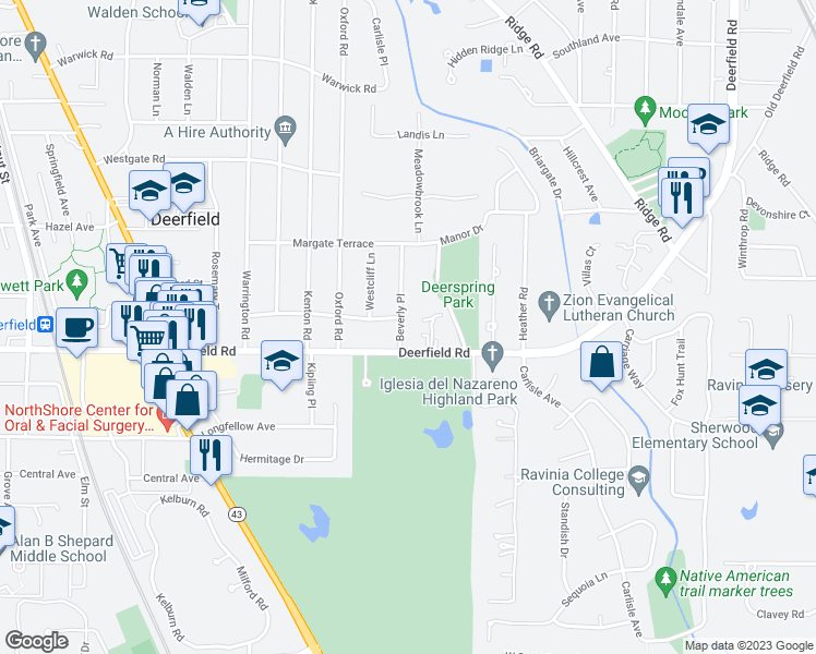 map of restaurants, bars, coffee shops, grocery stores, and more near 825 Beverly Place in Deerfield