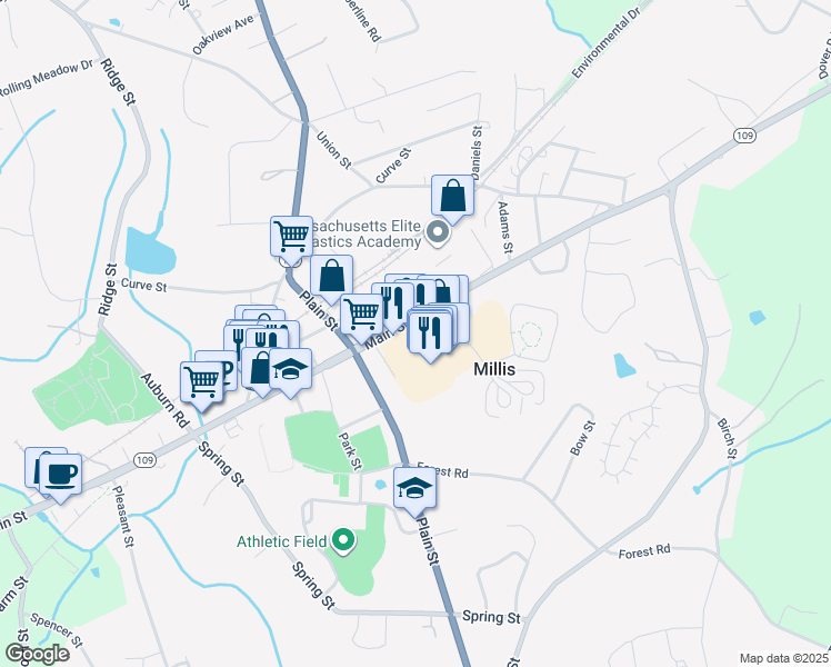 map of restaurants, bars, coffee shops, grocery stores, and more near 12 Milliston Road in Millis