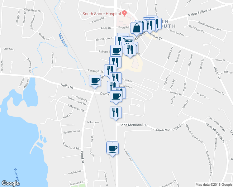 map of restaurants, bars, coffee shops, grocery stores, and more near 1068 Main Street in Weymouth