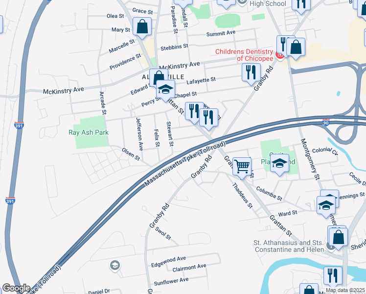 map of restaurants, bars, coffee shops, grocery stores, and more near 68 Cote Avenue in Chicopee