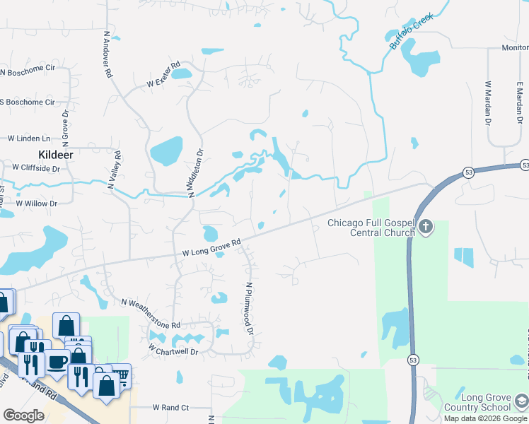 map of restaurants, bars, coffee shops, grocery stores, and more near 3538 Willow Valley Road in Long Grove