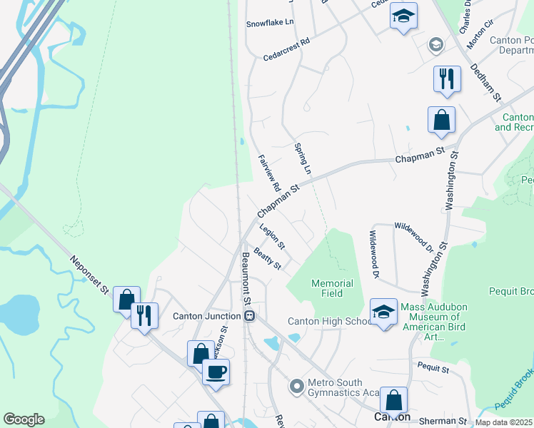 map of restaurants, bars, coffee shops, grocery stores, and more near 360 Chapman St in Canton