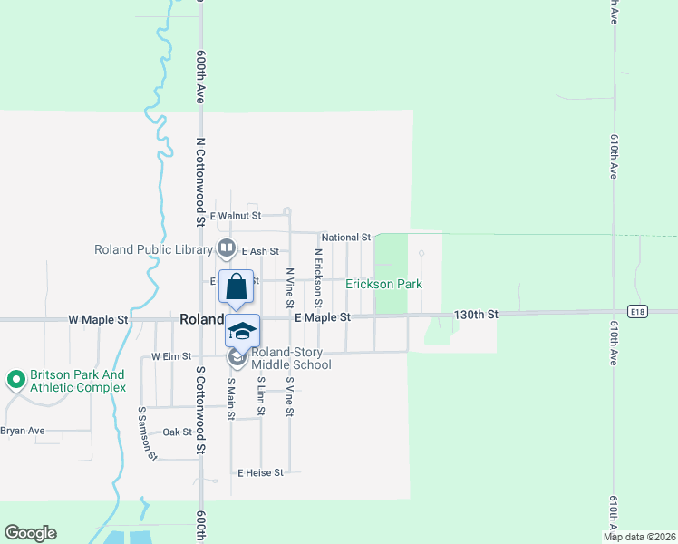 map of restaurants, bars, coffee shops, grocery stores, and more near 601 East Poplar Street in Roland