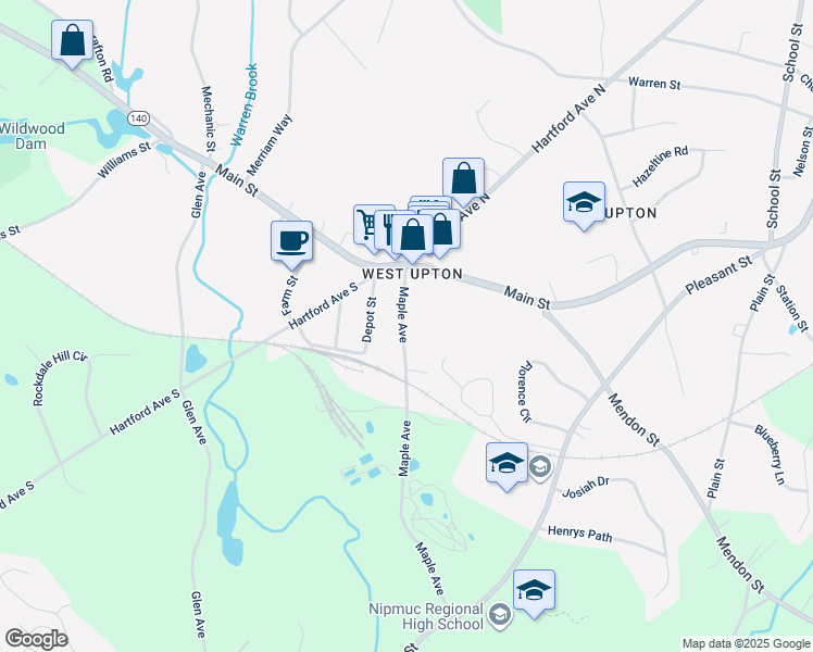 map of restaurants, bars, coffee shops, grocery stores, and more near 12 Maple Avenue in Upton