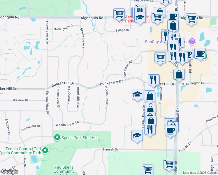map of restaurants, bars, coffee shops, grocery stores, and more near 611 Woods Creek Lane in Algonquin