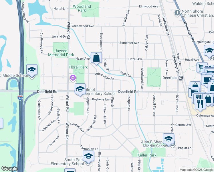 map of restaurants, bars, coffee shops, grocery stores, and more near 823 Spruce Street in Deerfield