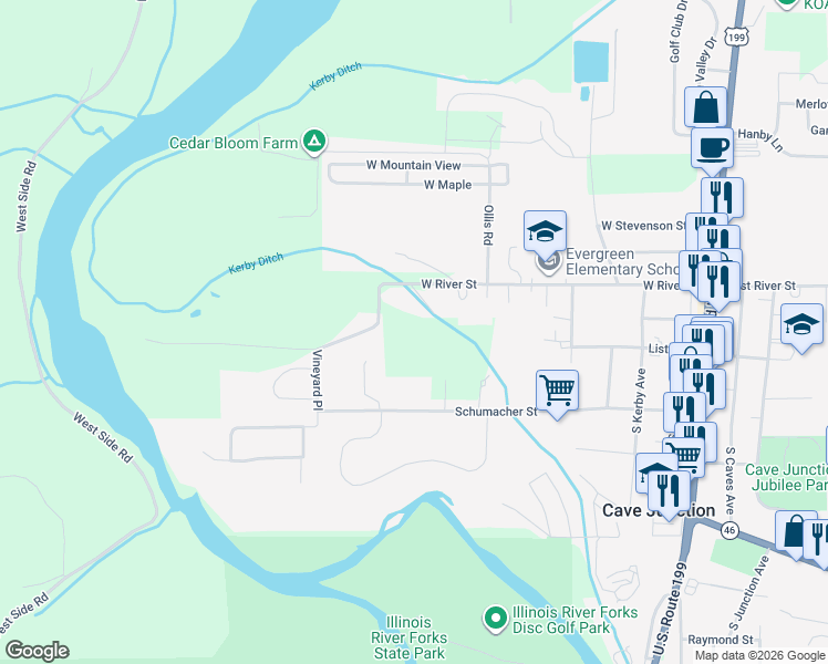 map of restaurants, bars, coffee shops, grocery stores, and more near 681 Daisy Hill Road in Cave Junction