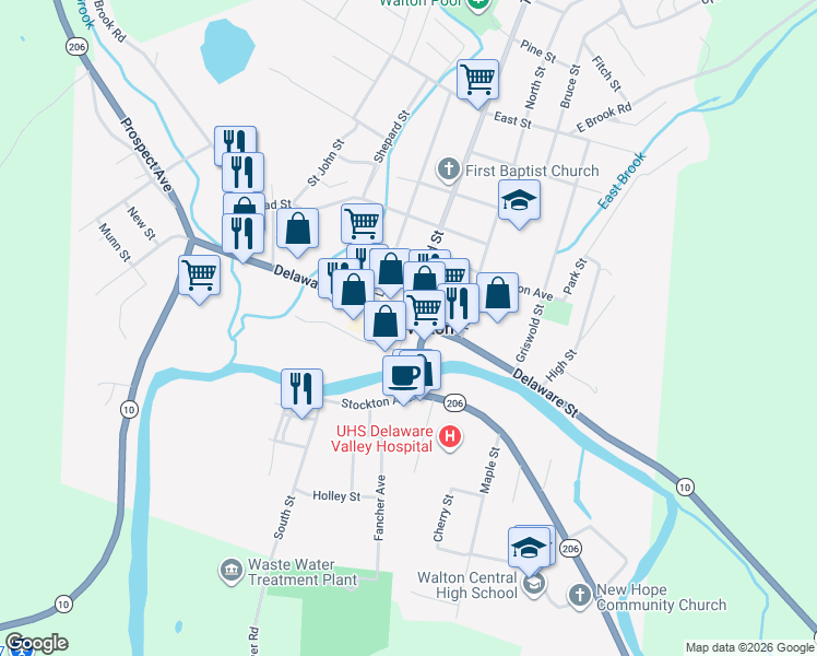 map of restaurants, bars, coffee shops, grocery stores, and more near 141 Delaware Street in Walton