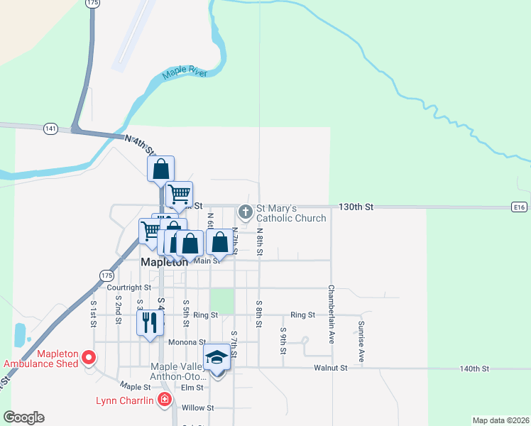 map of restaurants, bars, coffee shops, grocery stores, and more near 200-298 North 8th Street in Mapleton
