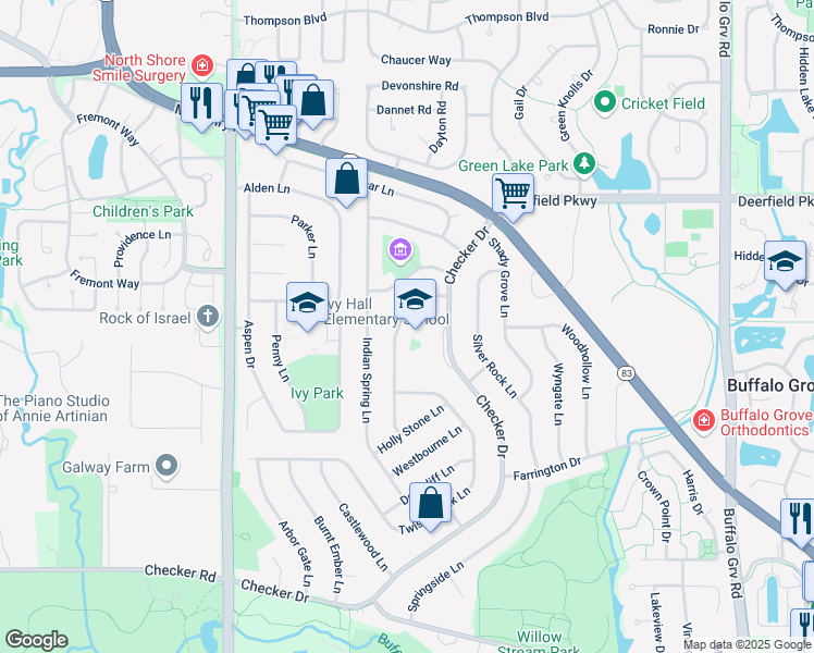map of restaurants, bars, coffee shops, grocery stores, and more near 790 Essington Lane in Buffalo Grove