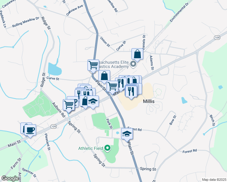 map of restaurants, bars, coffee shops, grocery stores, and more near 825 Main Street in Millis