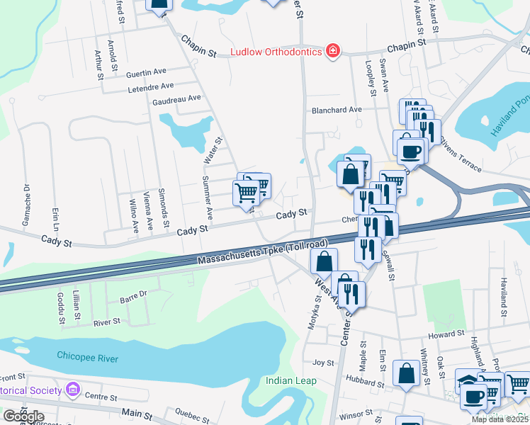 map of restaurants, bars, coffee shops, grocery stores, and more near 202 Holyoke Street in Ludlow