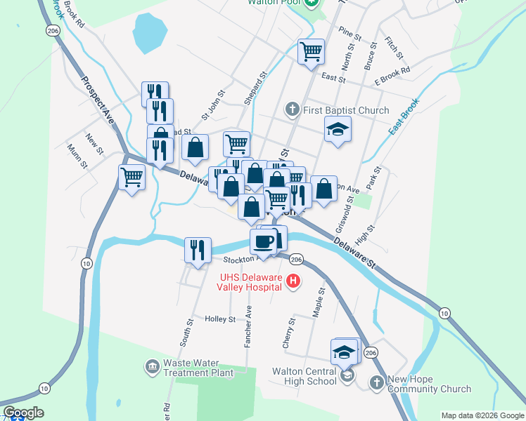 map of restaurants, bars, coffee shops, grocery stores, and more near 141 Delaware Street in Walton