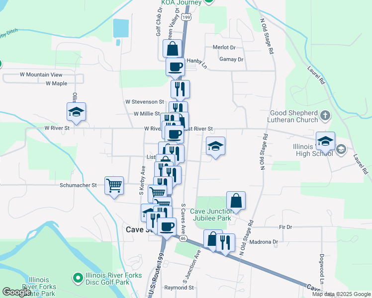 map of restaurants, bars, coffee shops, grocery stores, and more near 120 South Caves Avenue in Cave Junction