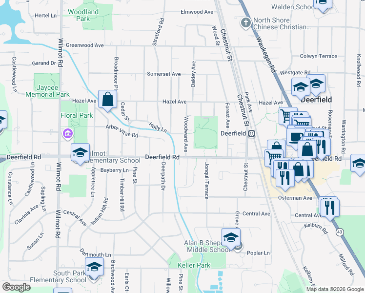 map of restaurants, bars, coffee shops, grocery stores, and more near 820 Woodward Avenue in Deerfield