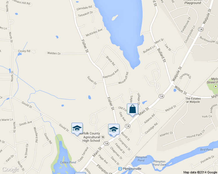 map of restaurants, bars, coffee shops, grocery stores, and more near 156 Fisher Street in Walpole