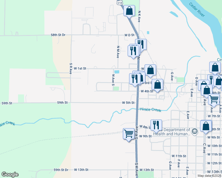 map of restaurants, bars, coffee shops, grocery stores, and more near 305 N Ave S in Vinton
