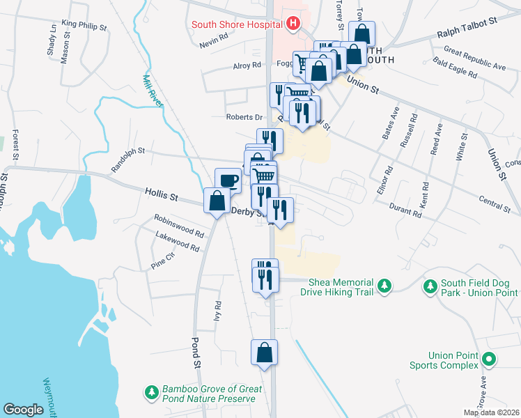 map of restaurants, bars, coffee shops, grocery stores, and more near 1055 Main Street in Weymouth