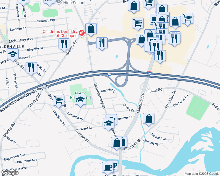 map of restaurants, bars, coffee shops, grocery stores, and more near 99 Colonial Circle in Chicopee