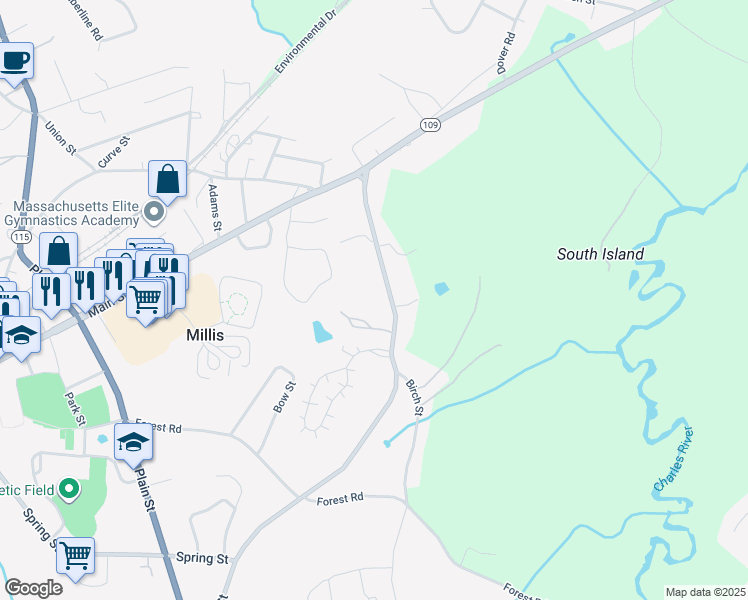 map of restaurants, bars, coffee shops, grocery stores, and more near 41 Village Street in Millis