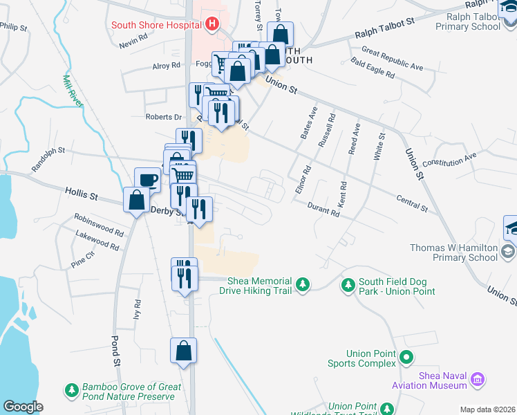 map of restaurants, bars, coffee shops, grocery stores, and more near 79 Fountain Lane in Weymouth