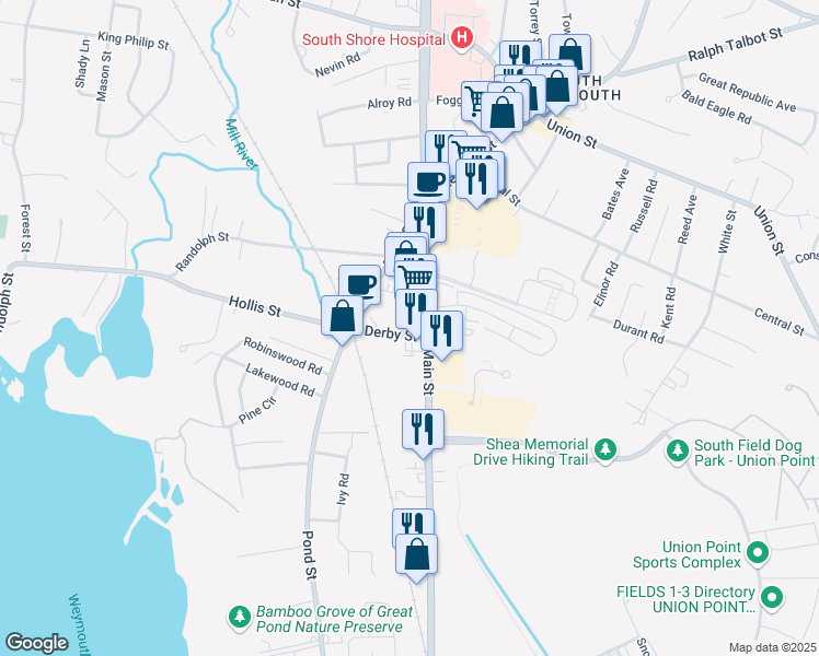 map of restaurants, bars, coffee shops, grocery stores, and more near in Weymouth