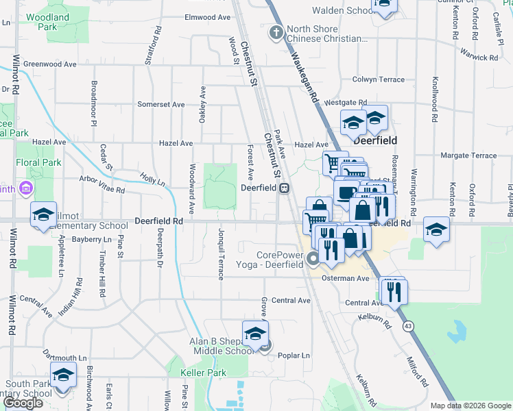 map of restaurants, bars, coffee shops, grocery stores, and more near 825 Forest Avenue in Deerfield