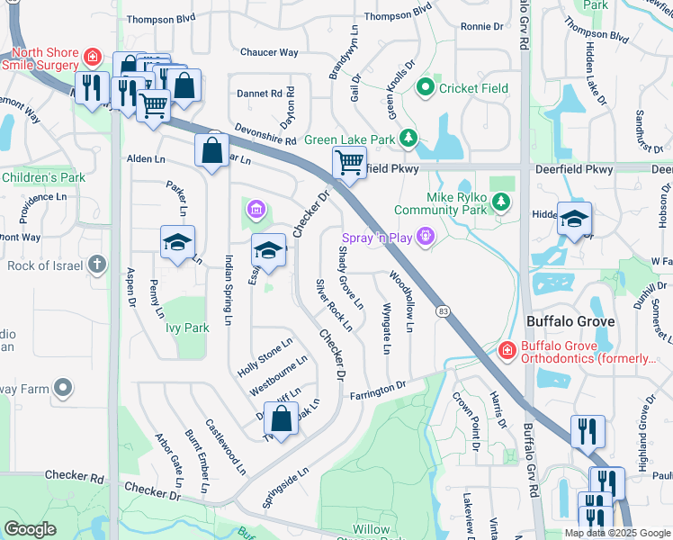 map of restaurants, bars, coffee shops, grocery stores, and more near 811 Shady Grove Lane in Buffalo Grove