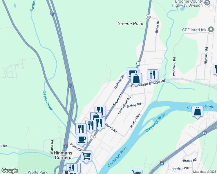 map of restaurants, bars, coffee shops, grocery stores, and more near 101-171 Savitch Rd in Binghamton