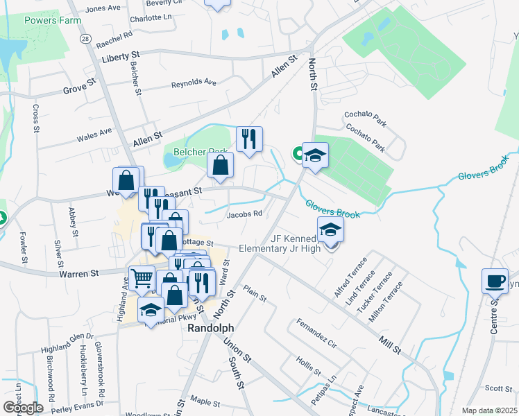 map of restaurants, bars, coffee shops, grocery stores, and more near 17 Jacobs Road in Randolph