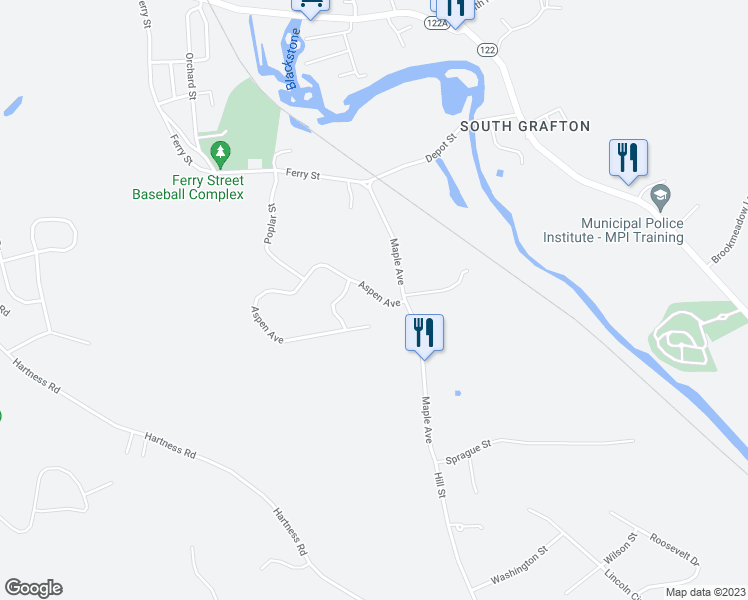 map of restaurants, bars, coffee shops, grocery stores, and more near 7 Aspen Avenue in Grafton