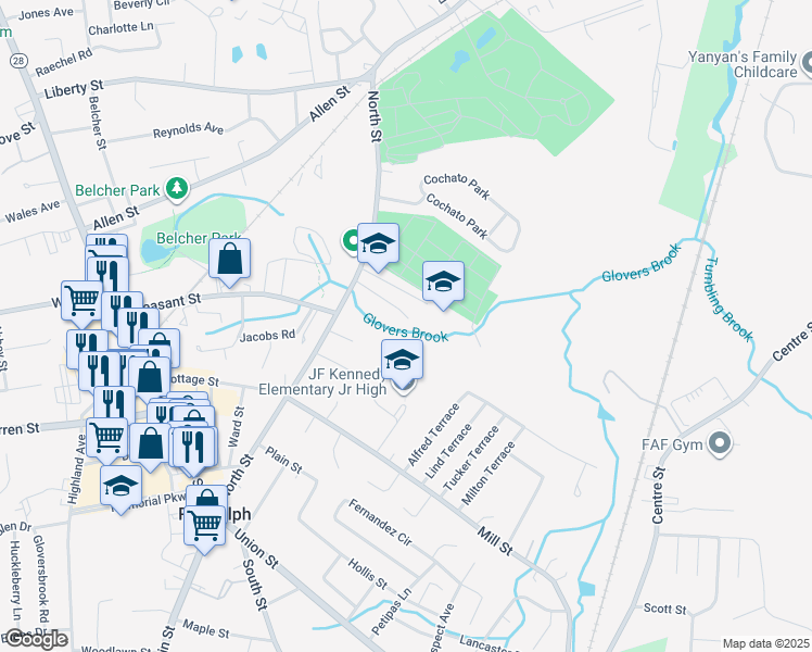 map of restaurants, bars, coffee shops, grocery stores, and more near 13 Regina Road in Randolph