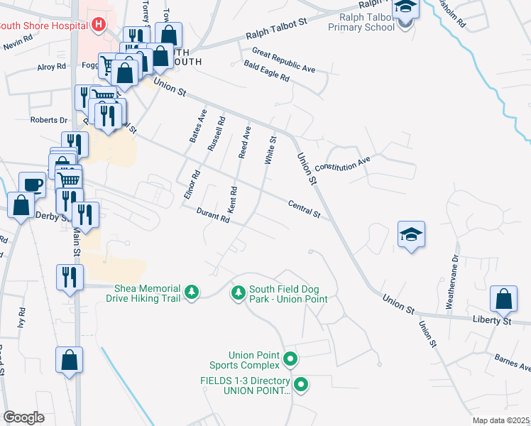 map of restaurants, bars, coffee shops, grocery stores, and more near 12 Wright St in Weymouth