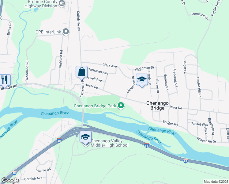 map of restaurants, bars, coffee shops, grocery stores, and more near 713 River Rd in Binghamton