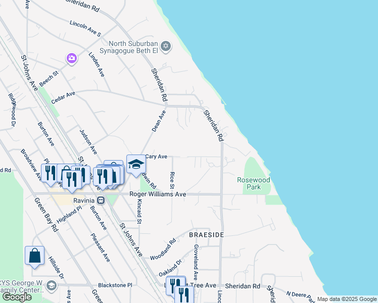 map of restaurants, bars, coffee shops, grocery stores, and more near 171 Cary Avenue in Highland Park