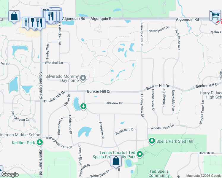 map of restaurants, bars, coffee shops, grocery stores, and more near 3610 Bunker Hill Drive in Algonquin
