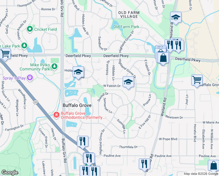 map of restaurants, bars, coffee shops, grocery stores, and more near 59 West Fabish Drive in Buffalo Grove