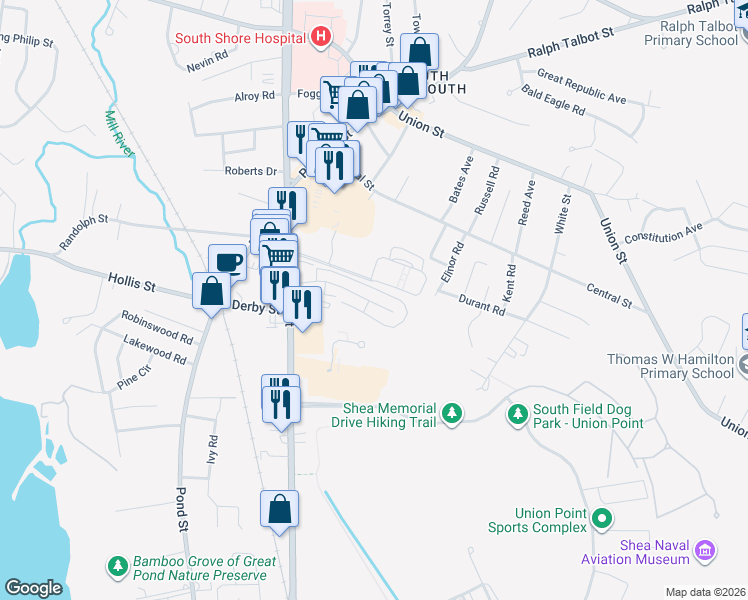 map of restaurants, bars, coffee shops, grocery stores, and more near 79 Fountain Lane in Weymouth