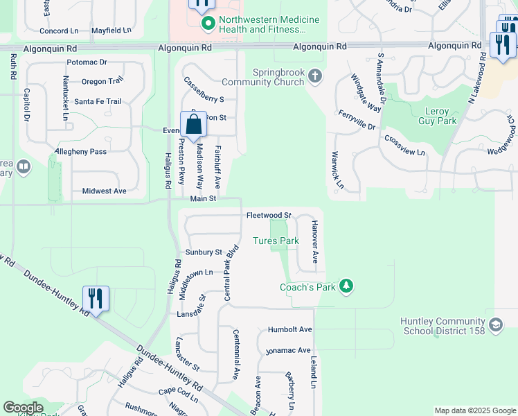 map of restaurants, bars, coffee shops, grocery stores, and more near 10348 Fleetwood Street in Huntley