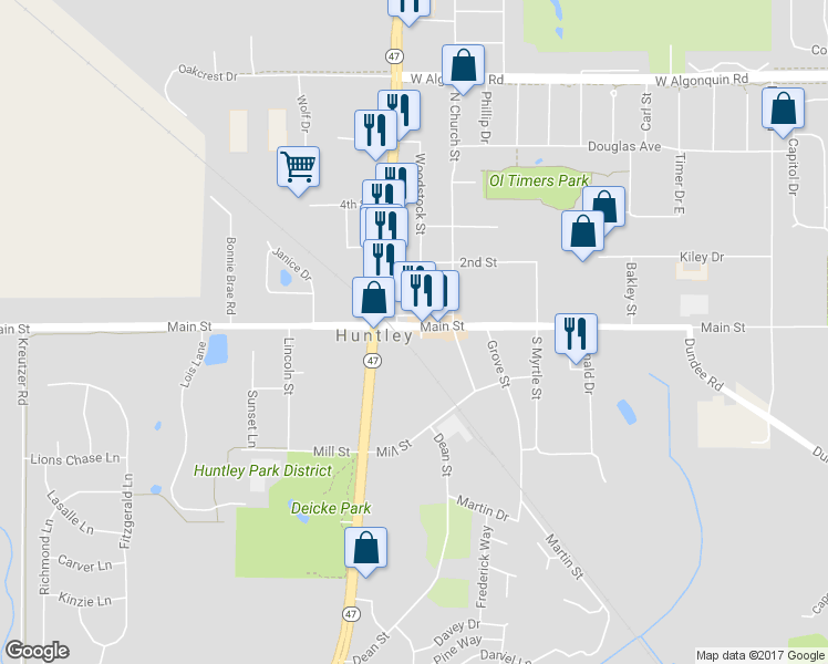 map of restaurants, bars, coffee shops, grocery stores, and more near 11801 Main Street in Huntley