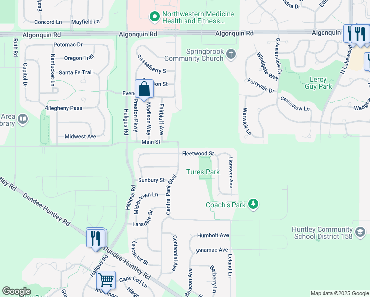 map of restaurants, bars, coffee shops, grocery stores, and more near 10348 Fleetwood Street in Huntley
