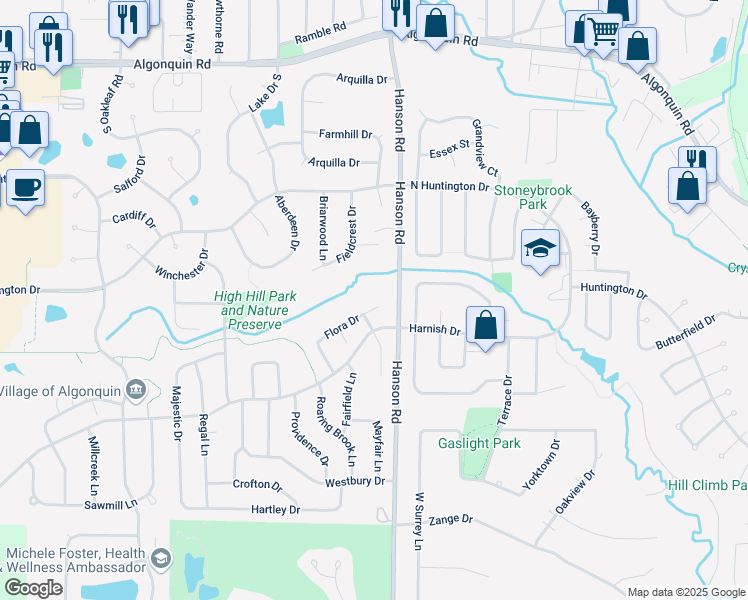 map of restaurants, bars, coffee shops, grocery stores, and more near 440 Flora Drive in Algonquin