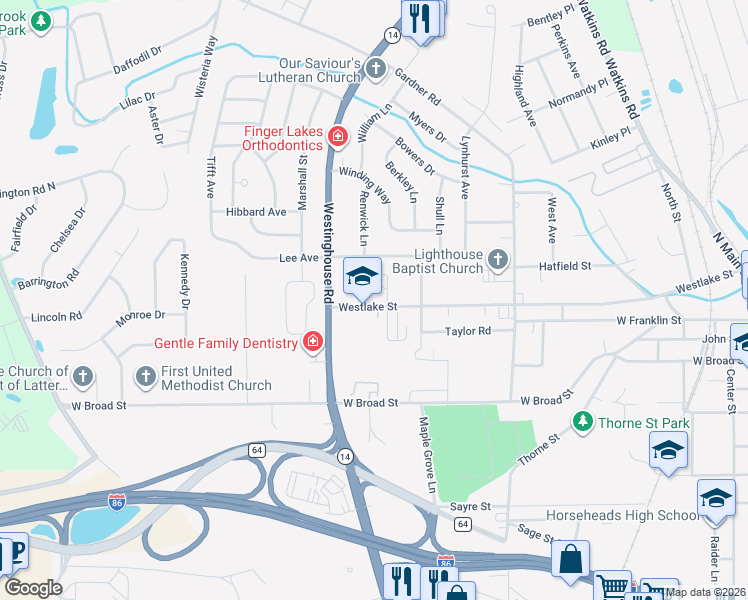 map of restaurants, bars, coffee shops, grocery stores, and more near 814 Westlake Street in Horseheads