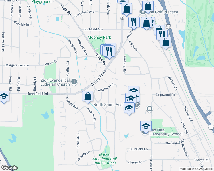 map of restaurants, bars, coffee shops, grocery stores, and more near 126 Millstone Road in Deerfield