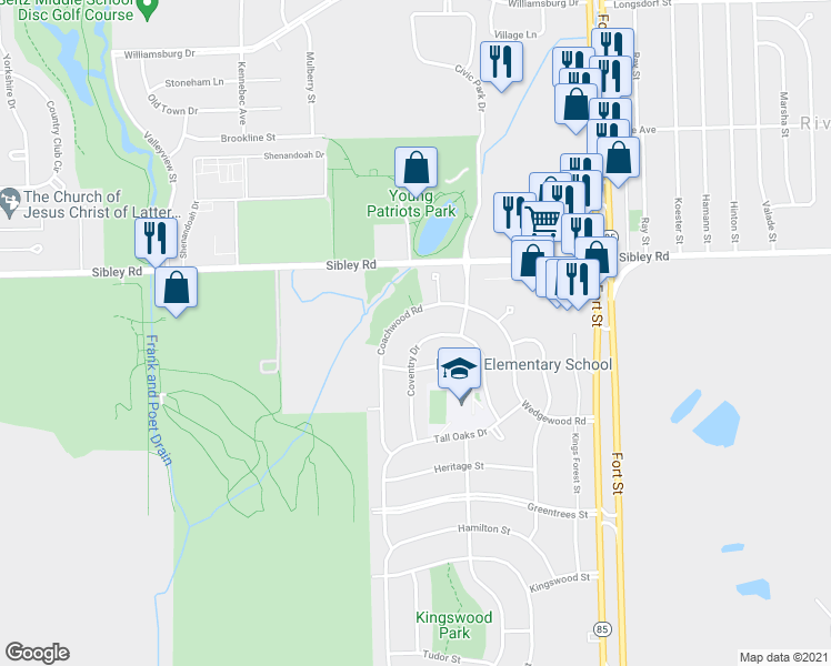 map of restaurants, bars, coffee shops, grocery stores, and more near 19280 Coventry Dr in Riverview