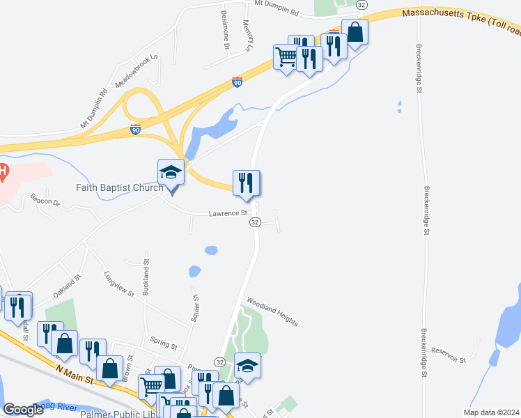 map of restaurants, bars, coffee shops, grocery stores, and more near 2A Forest Hill Drive in Palmer