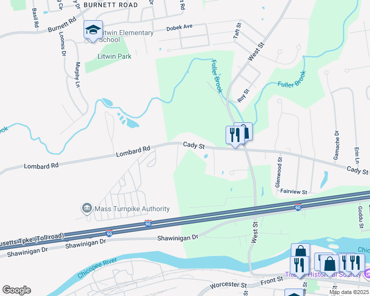 map of restaurants, bars, coffee shops, grocery stores, and more near 293 Cady Street in Ludlow
