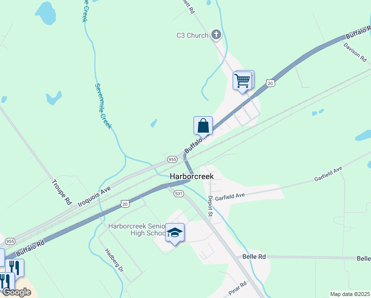 map of restaurants, bars, coffee shops, grocery stores, and more near 6589 U.S. 20 in Harborcreek